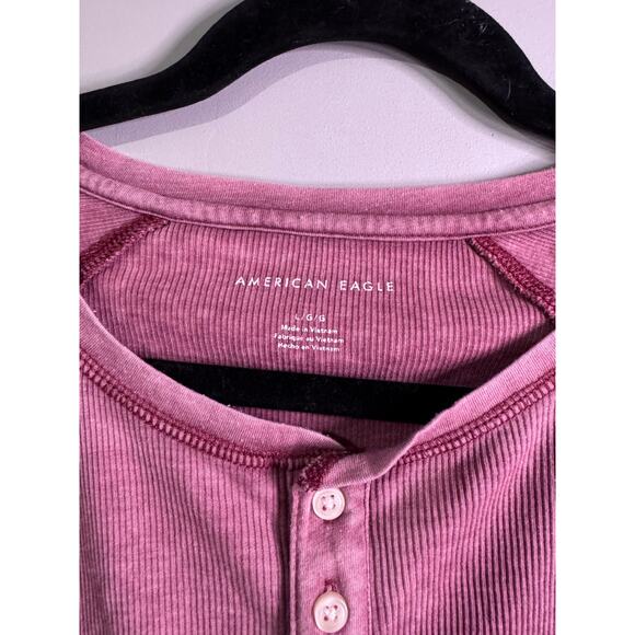 American Eagle Long Sleeve Ribbed Raw Hem Henley - Picture 2 of 3